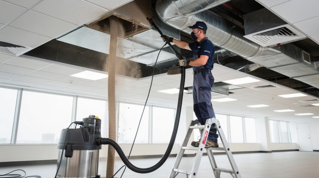 Man performing commercial air duct cleaning