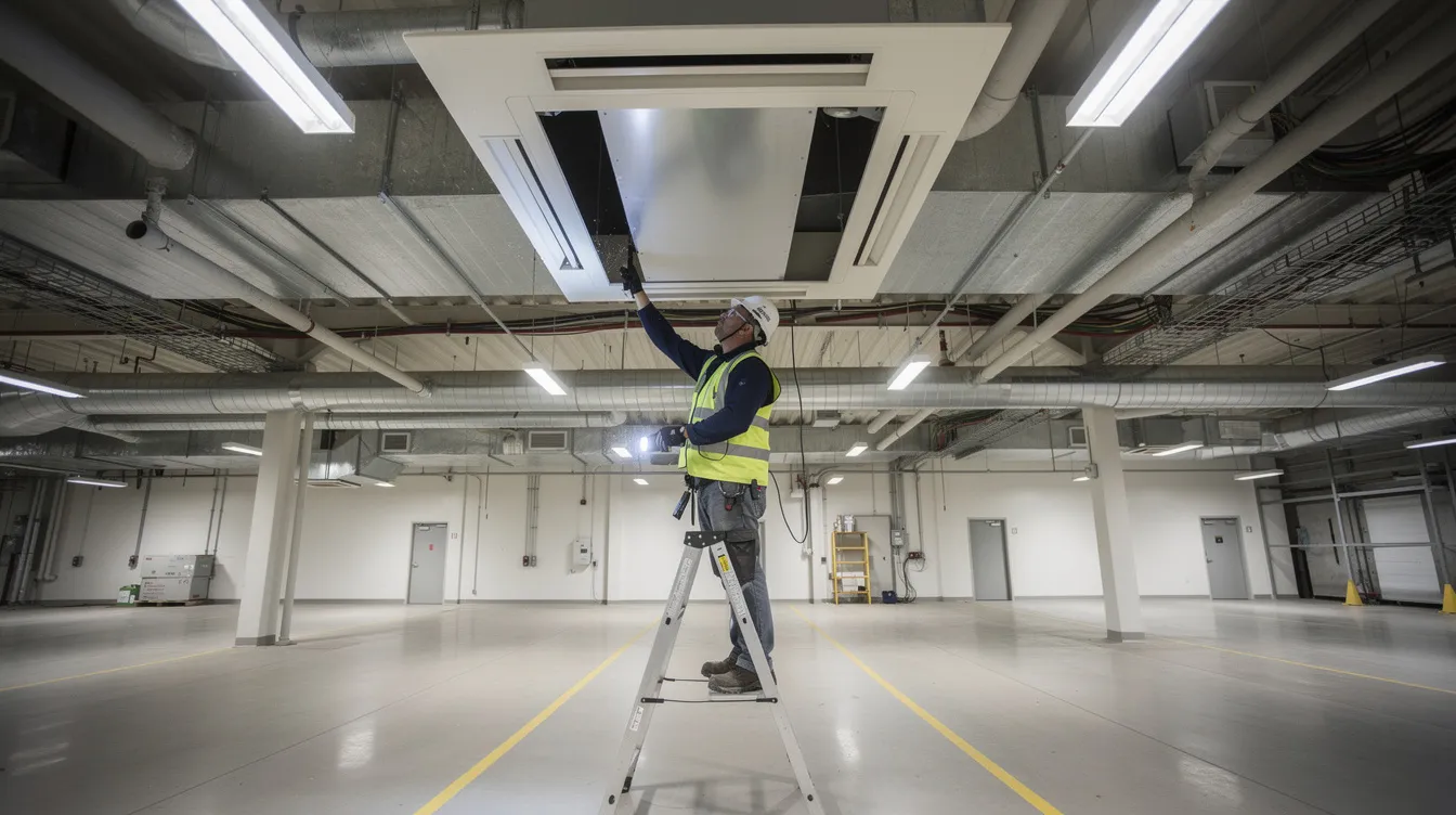 Technician removing dust and debris from commercial HVAC duct system